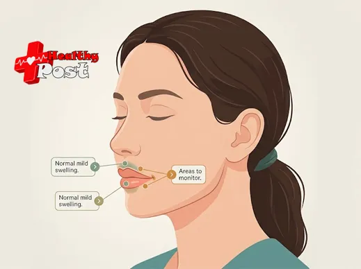 Stylized illustration of a face in profile with colored markers on the lips distinguishing normal swelling from areas that need monitoring