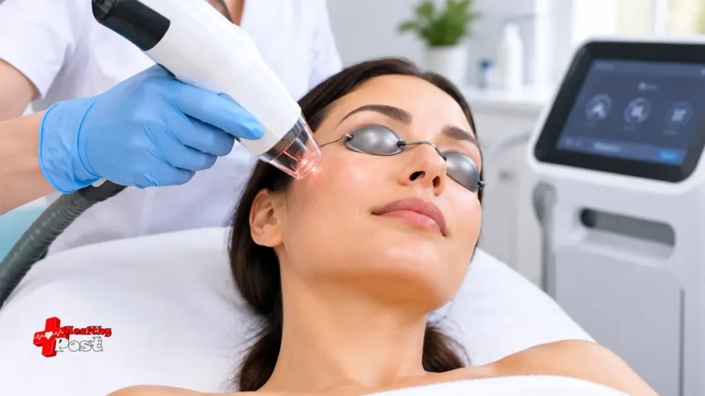 Moxi laser treatment performed on a woman's cheek by a skincare professional in a dermatology clinic.