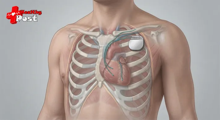 Pacemaker Surgery: What to Expect, Recovery, Risks & 7 Key Facts 2 Cross-section illustration of a chest showing a pacemaker generator under the left collarbone with two leads running through a vein into the heart's right chambers