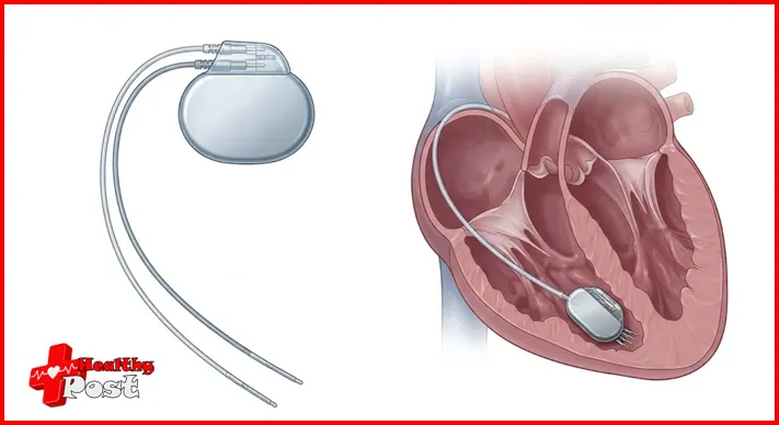 Pacemaker Surgery: What to Expect, Recovery, Risks & 7 Key Facts 3 Cross-section illustration of a chest showing a pacemaker generator under the left collarbone with two leads running through a vein into the heart's right chambers