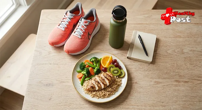 Top-down view of running shoes, a water bottle and a balanced meal of chicken, rice, vegetables and fruit on a wooden table