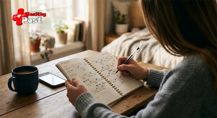 A teenager’s hands marking days on a paper monthly planner with colored dots next to a phone and a mug