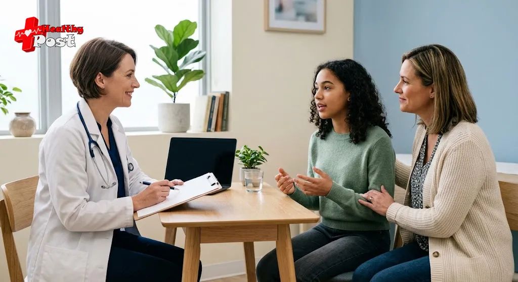 A doctor listening to a teenage girl and her mother during a consultation in a bright clinic room