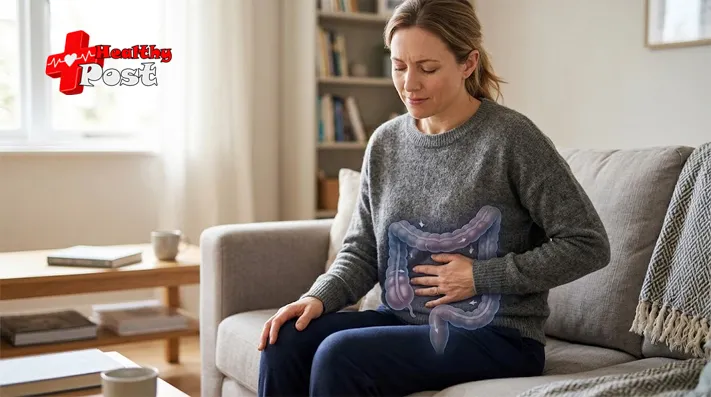 Symptoms of E Coli Bacteria: 7 Key Signs to Know 2 Adult experiencing abdominal discomfort with a subtle medical illustration of the large intestine.