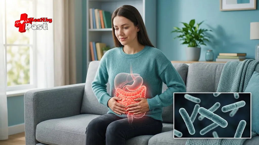 Symptoms of E Coli Bacteria: 7 Key Signs to Know Person holding their abdomen due to stomach cramps, with an illustration of E. coli bacteria and the digestive system.