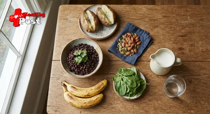 What Causes Muscle Cramps? 7 Common Reasons Explained 2 Overhead view of beans, baked potatoes, nuts, seeds, spinach, bananas, milk and water arranged on a wooden table