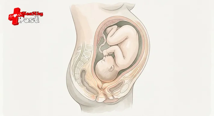 What Is Lightning Crotch? 7 Things to Know About Pregnancy Pain 2 Illustration of a baby positioned head-down in the third trimester, pressing against the cervix with the surrounding pelvic nerves softly highlighted