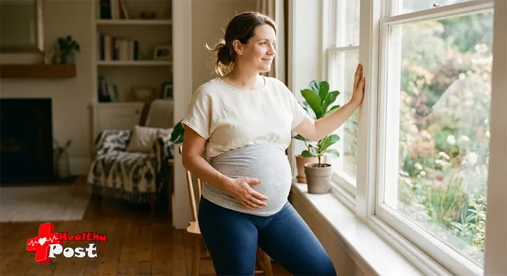 What Is Lightning Crotch? 7 Things to Know About Pregnancy Pain 3 Pregnant woman in the third trimester wearing a maternity support band, standing slowly beside a sunlit window with one hand on her belly