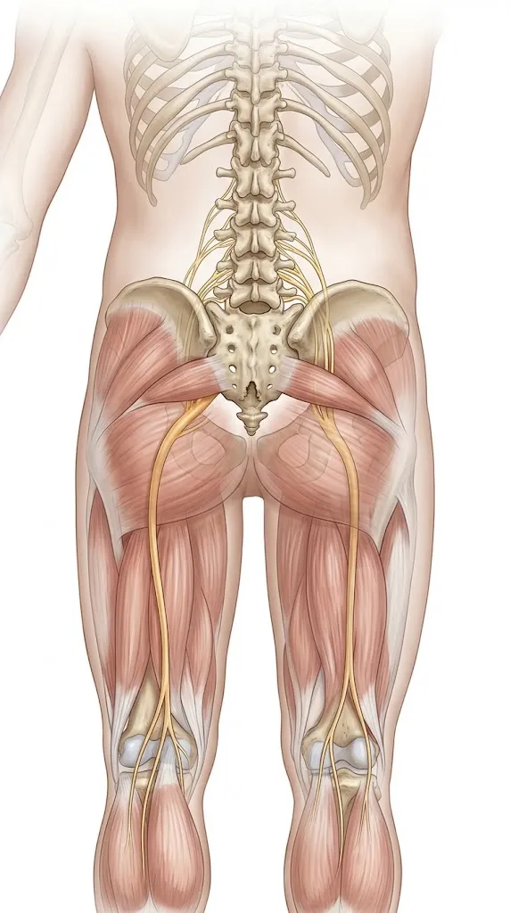 Anatomical illustration showing the sciatic nerve travelling from the lower spine through the buttock and down the leg.
