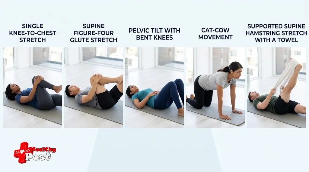 Five gentle mobility and stretching exercises shown in different positions for people managing sciatic nerve discomfort.