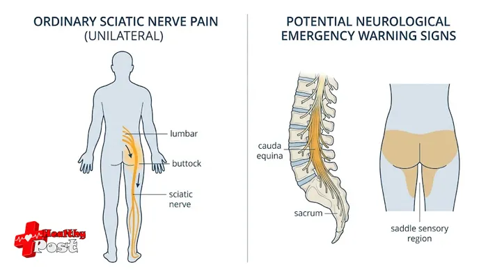 Medical illustration comparing one-sided sciatic nerve pain with the lower spinal nerve region involved in cauda equina syndrome.
